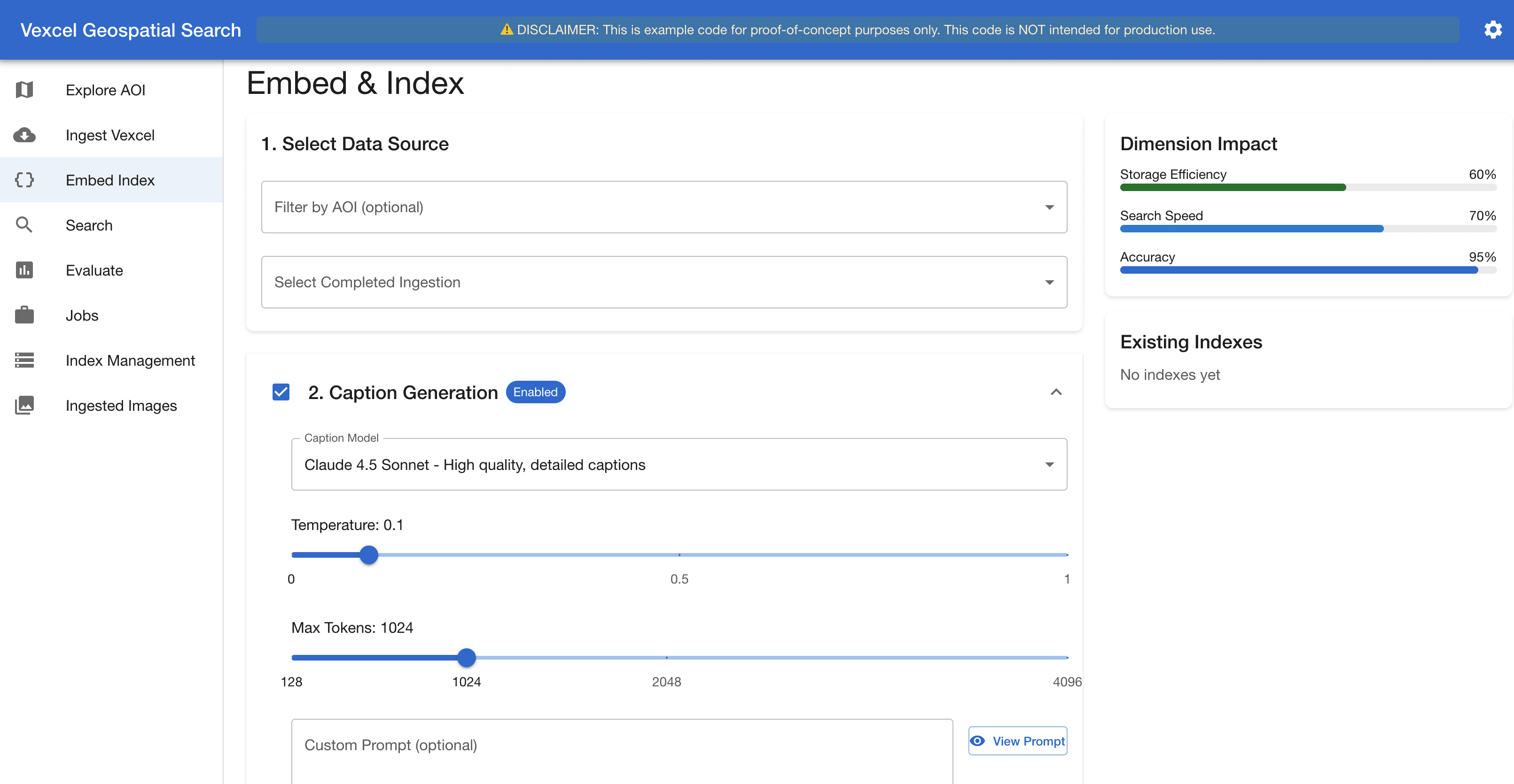 Embed and Index interface showing caption generation controls