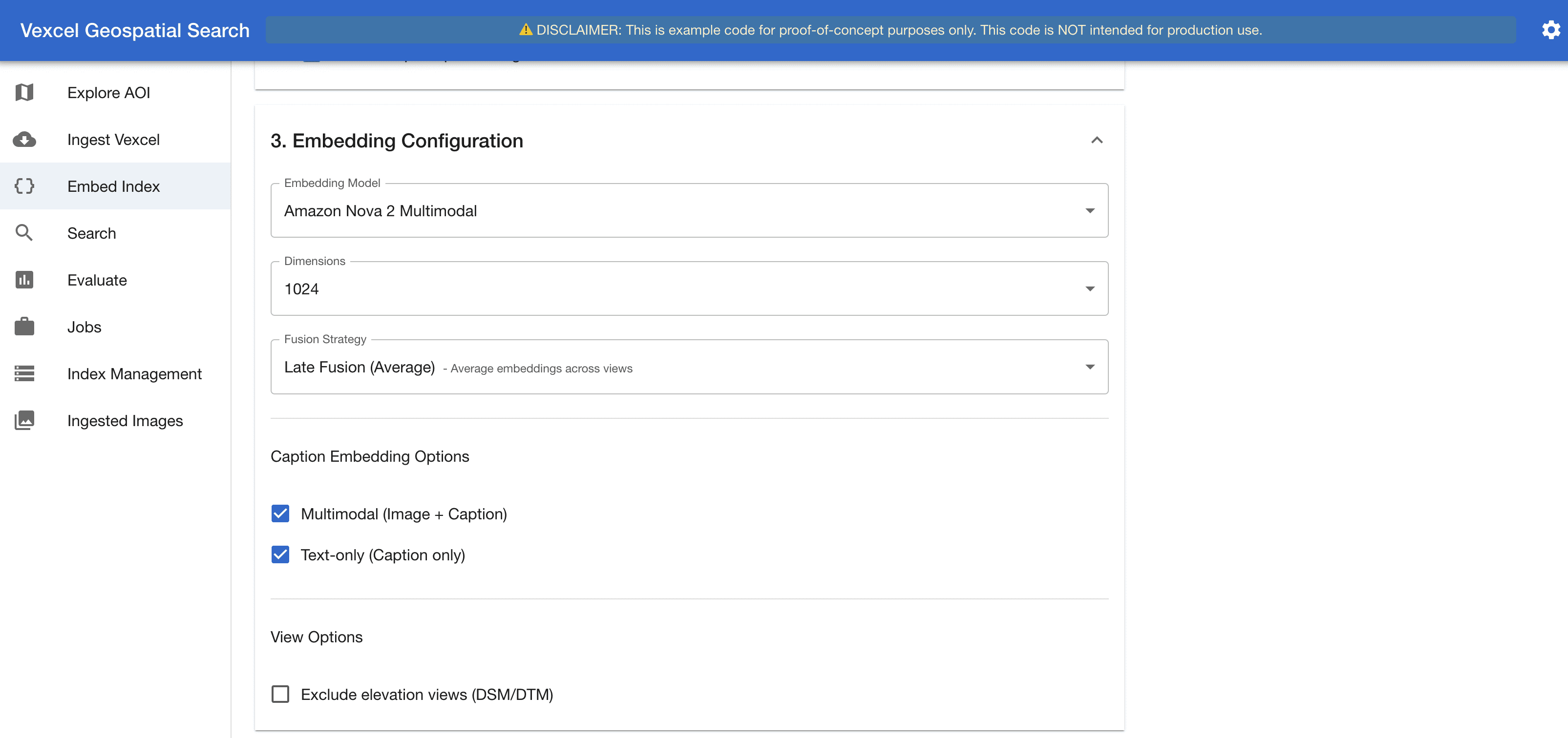 Embed and Index interface showing embedding model and fusion strategy configuration