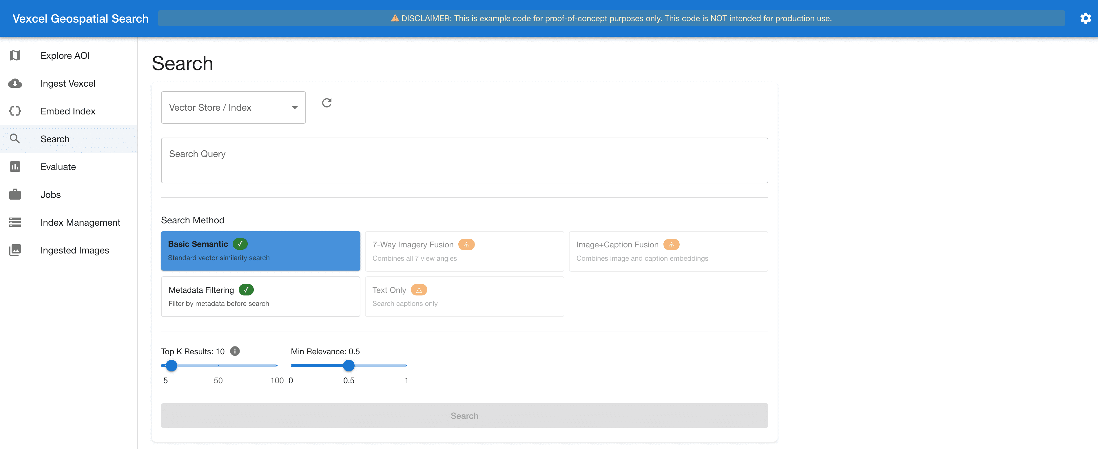 Search interface showing five search methods with availability indicators
