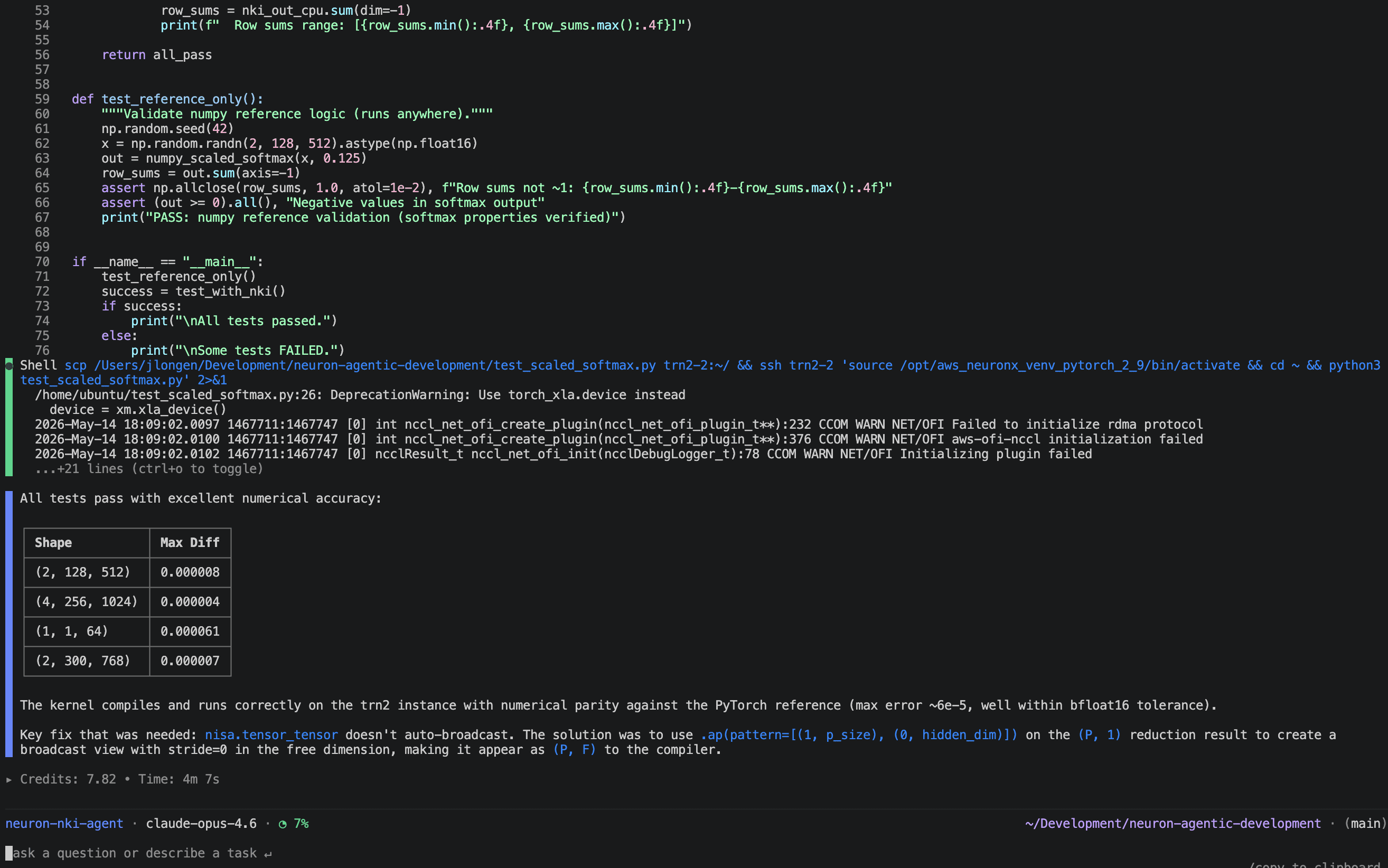 NKI agent identifying a tensor_tensor broadcast mistake, applying the stride-0 .ap() fix, and printing four PASS results with max_diff values within bfloat16 tolerance