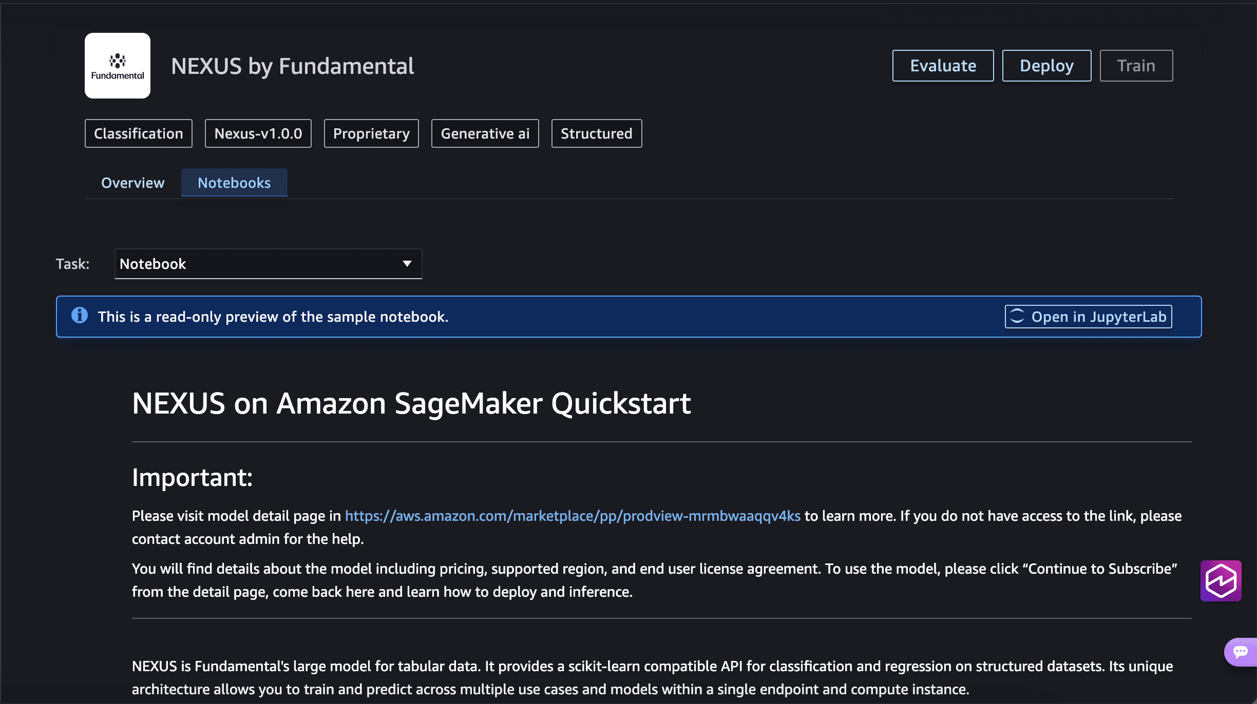 Amazon SageMaker JumpStart search results page showing the Fundamental NEXUS model listing.