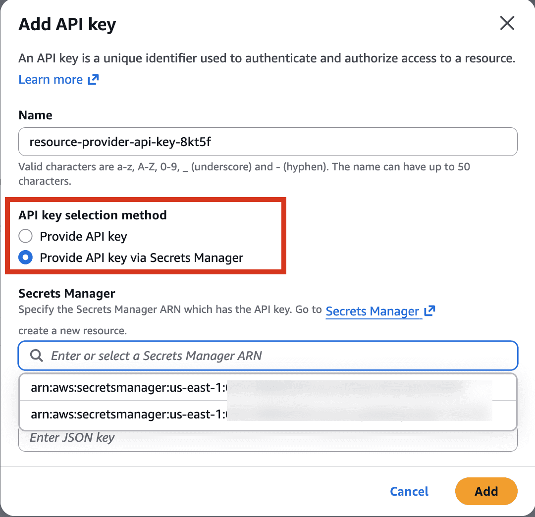 AgentCore Identity console showing how to add an API key from Secrets Manager