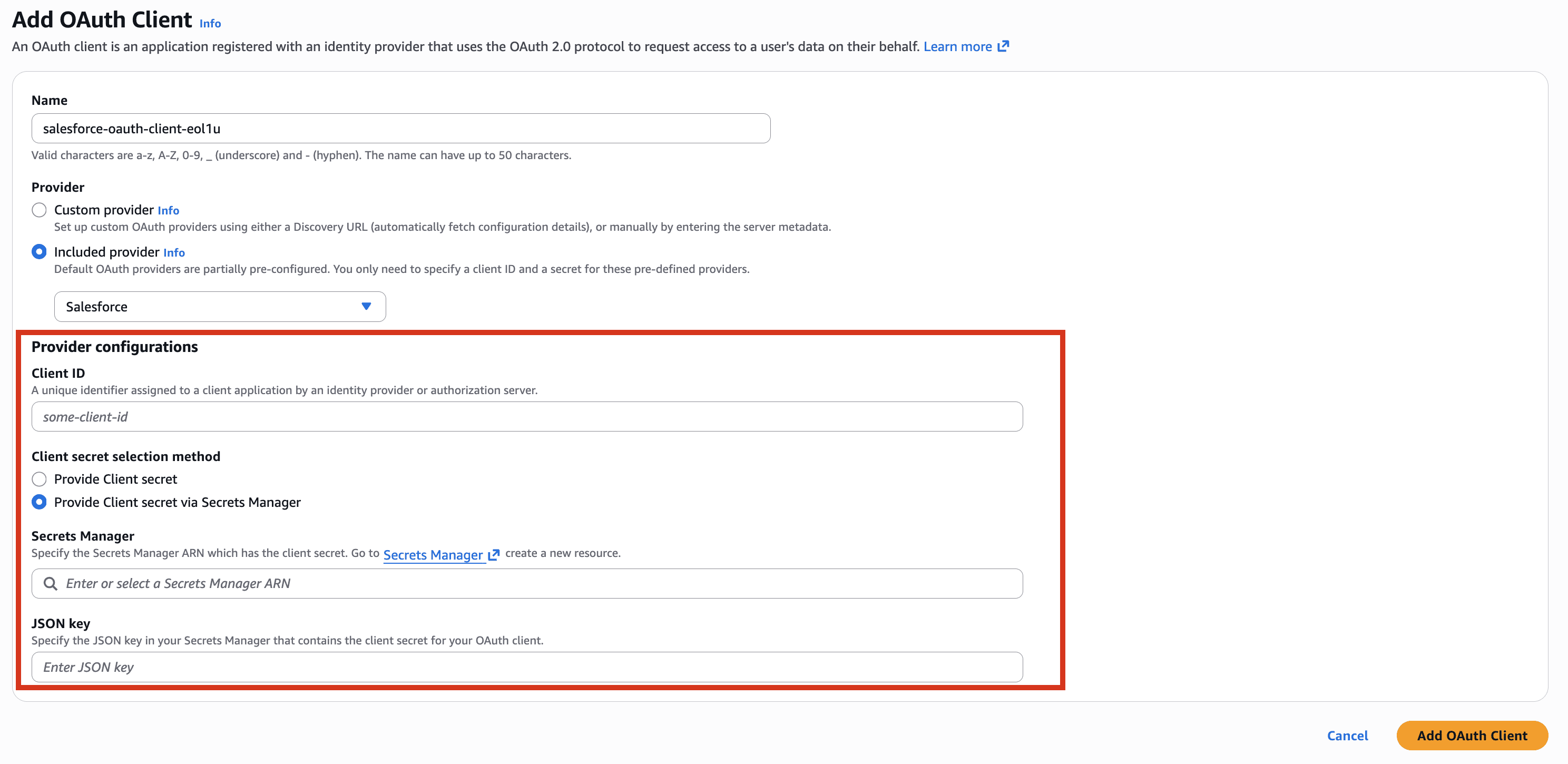AgentCore Identity console showing how to add an OAuth client secret from Secrets Manager