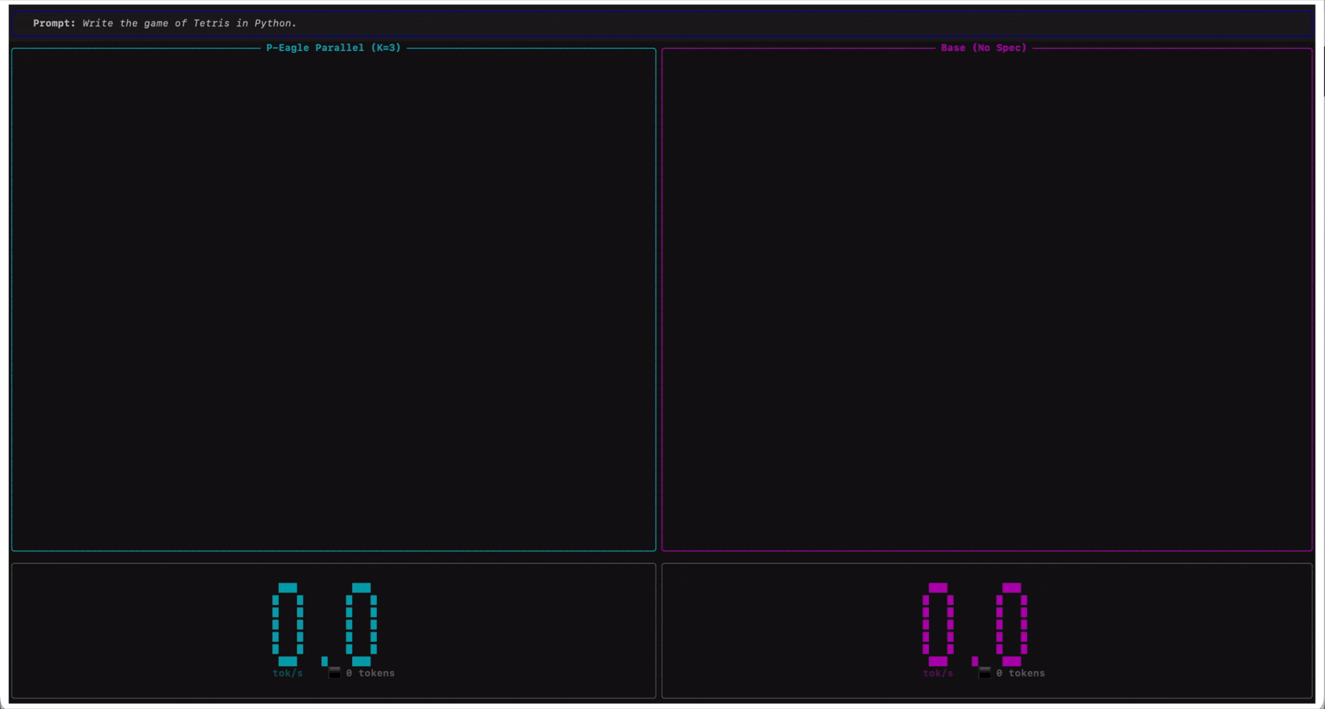 Side-by-side screen recording showing Qwen3-Coder-30B-A3B-Instruct running with P-EAGLE Parallel K=3 on the left and standard inference on the right, displaying tokens-per-second metrics.