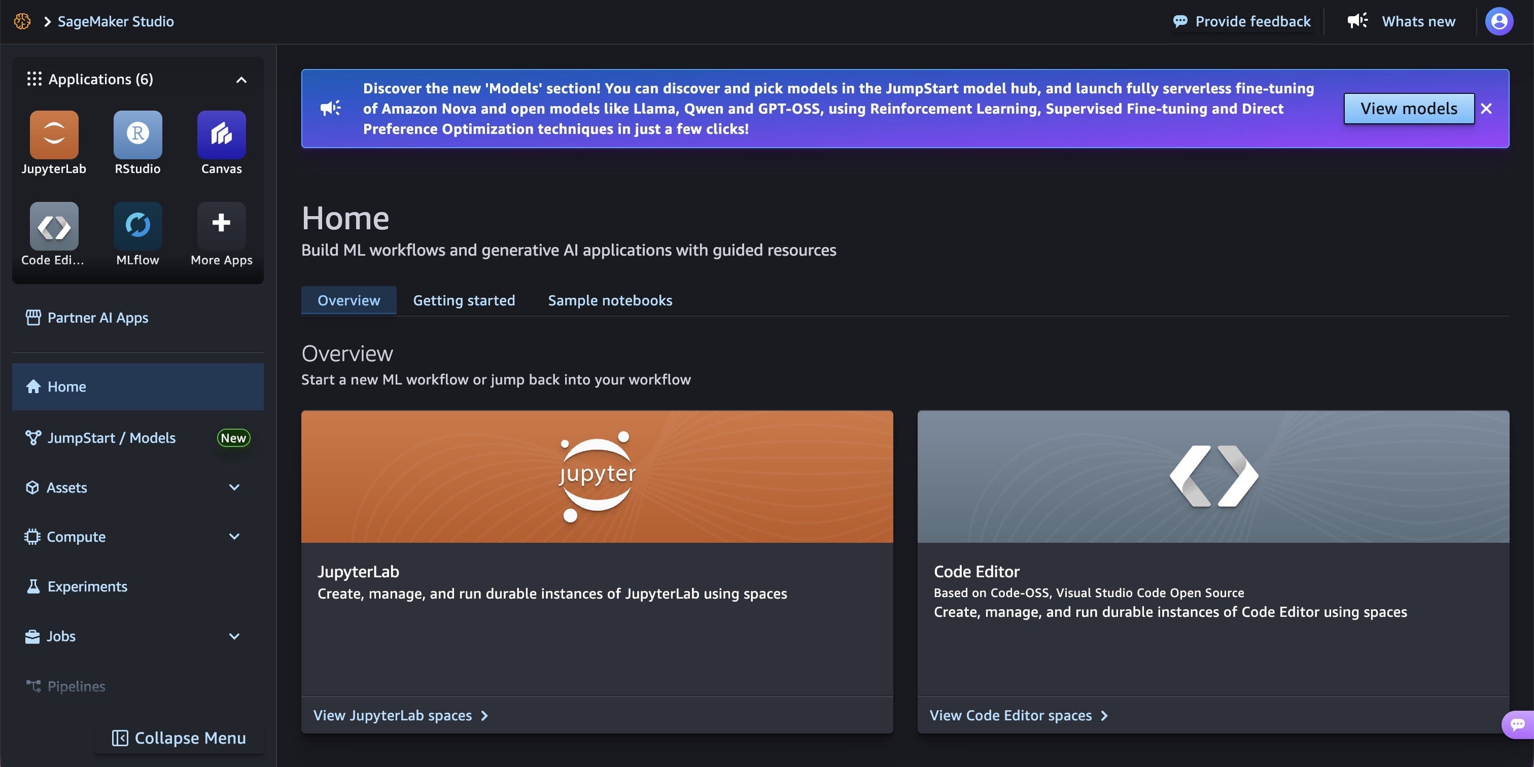 Amazon SageMaker Studio home page with JumpStart and Models highlighted in the left navigation pane.