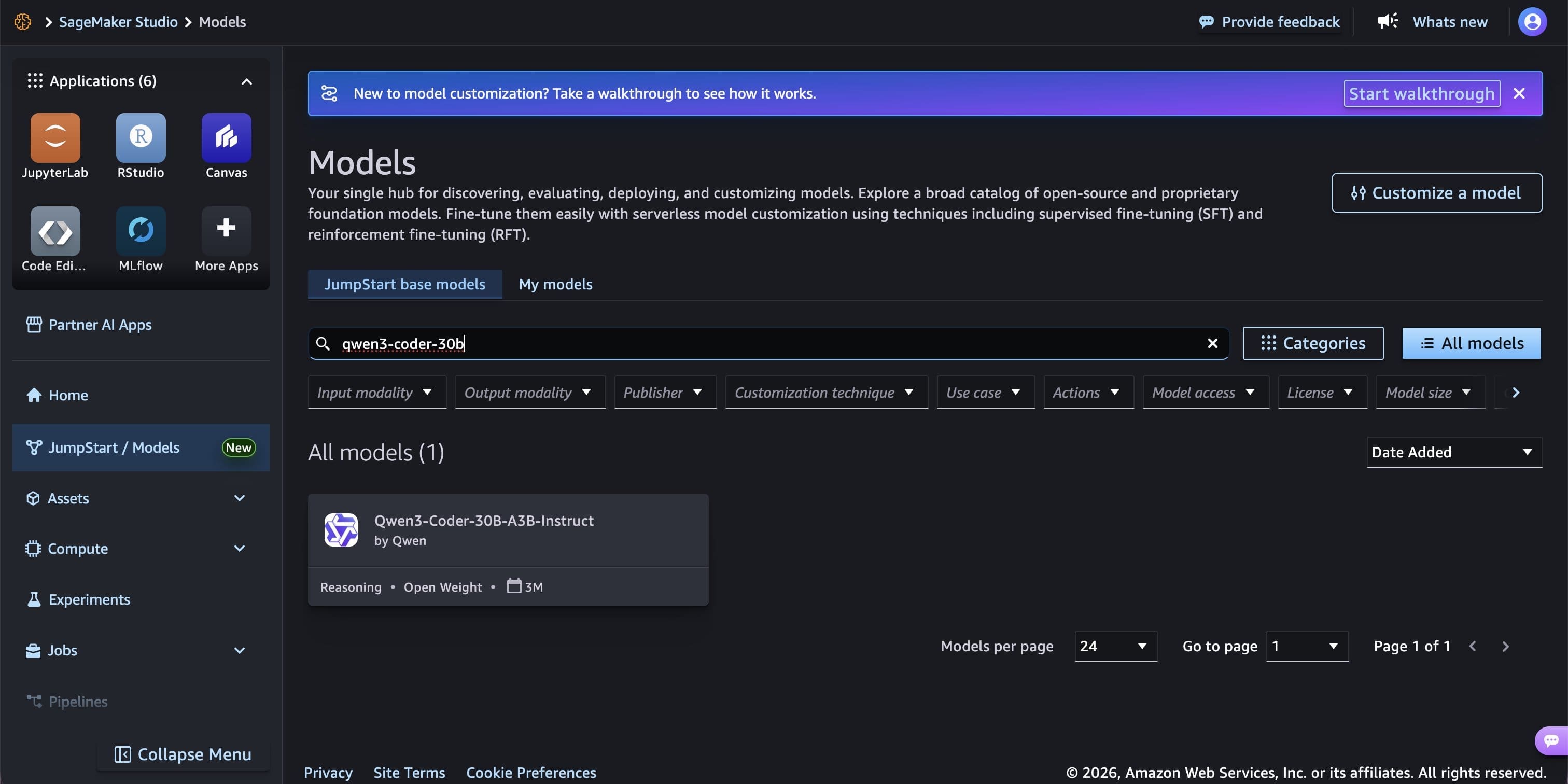 Search results in the JumpStart model hub showing Qwen3-Coder-30B-A3B-Instruct after a search for “qwen3-coder-30b”.