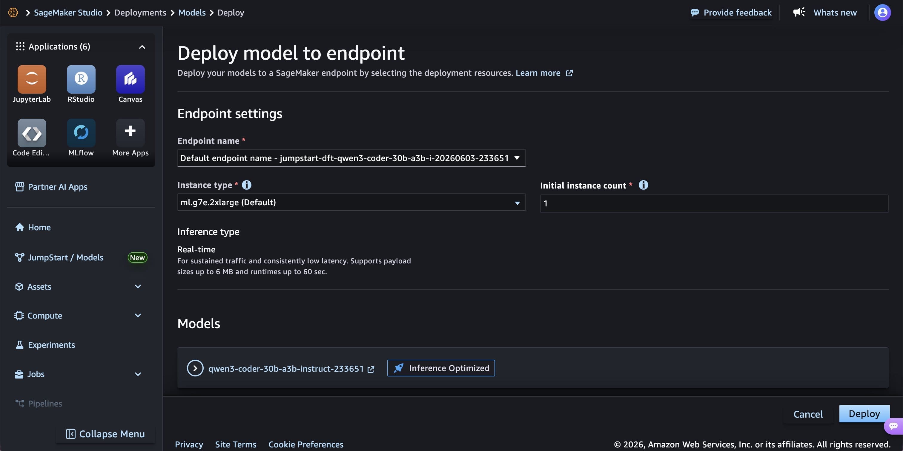 Endpoint deployment configuration page showing instance type, instance count, and inference type settings.