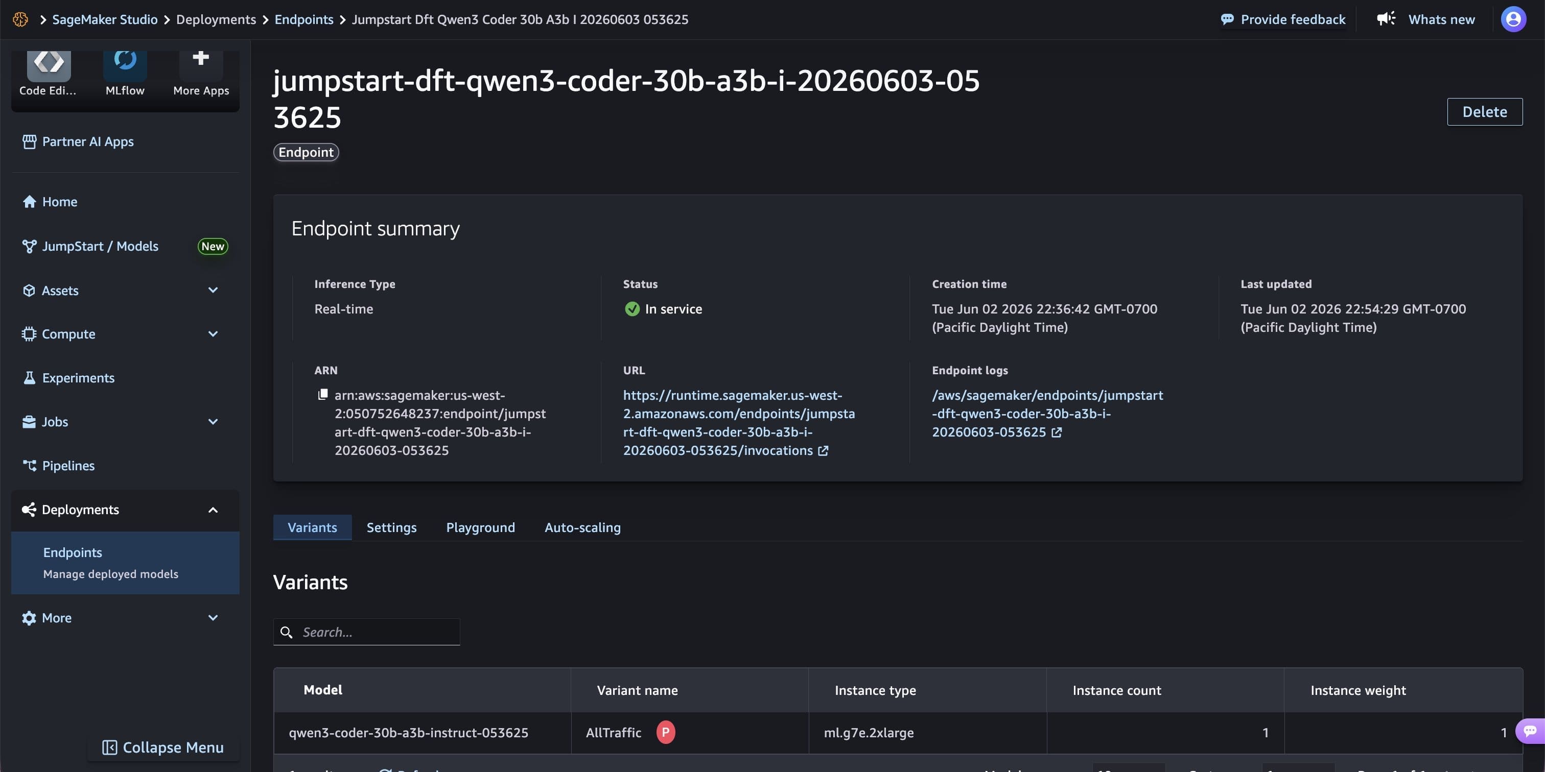 Endpoint summary page showing “In service” status with green indicator on an ml.g7e.2xlarge instance with real-time inference type.