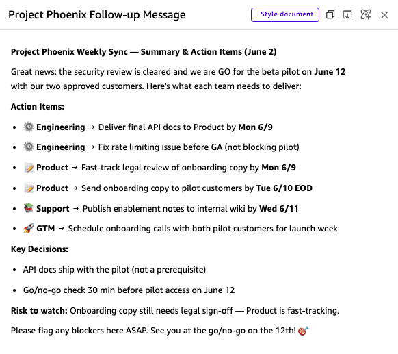 Assistant follow-up response with a drafted message for the Project Phoenix Webex space