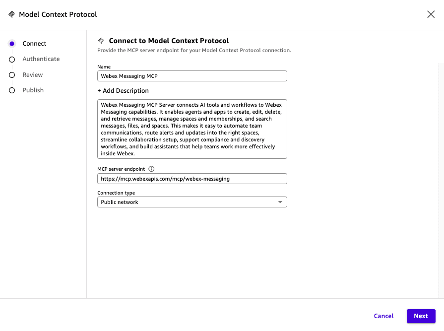 Amazon Quick Model Context Protocol connector form with the Webex Messaging MCP name, description, and server added
