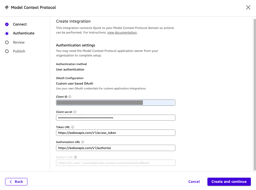 Amazon Quick connector configuration showing the Webex token URL and authorization URL fields