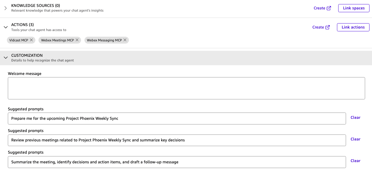 Amazon Quick chat agent Actions section showing the three Cisco Webex MCP integrations linked as actions