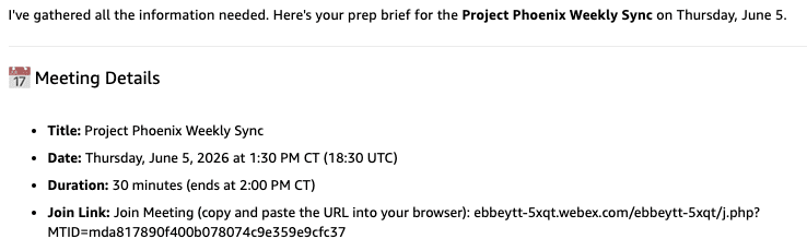 Assistant prep brief showing the upcoming meeting details and a summary of the previous meeting