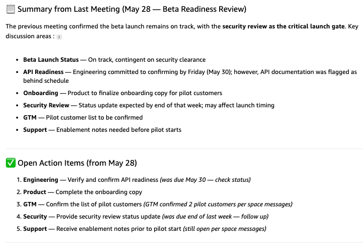 Assistant prep brief listing open action items and unresolved follow-ups from the Webex space