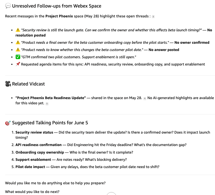 Assistant prep brief showing related Vidcasts and suggested talking points for the next meeting