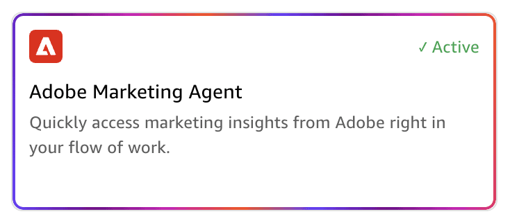 Adobe Marketing Agent branded connector tile in the Amazon Quick Integrations console