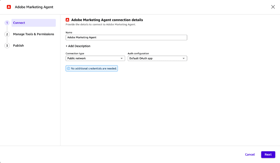 Adobe Marketing Agent connection details page with name, description, Public network connection type, and Default OAuth app auth fields