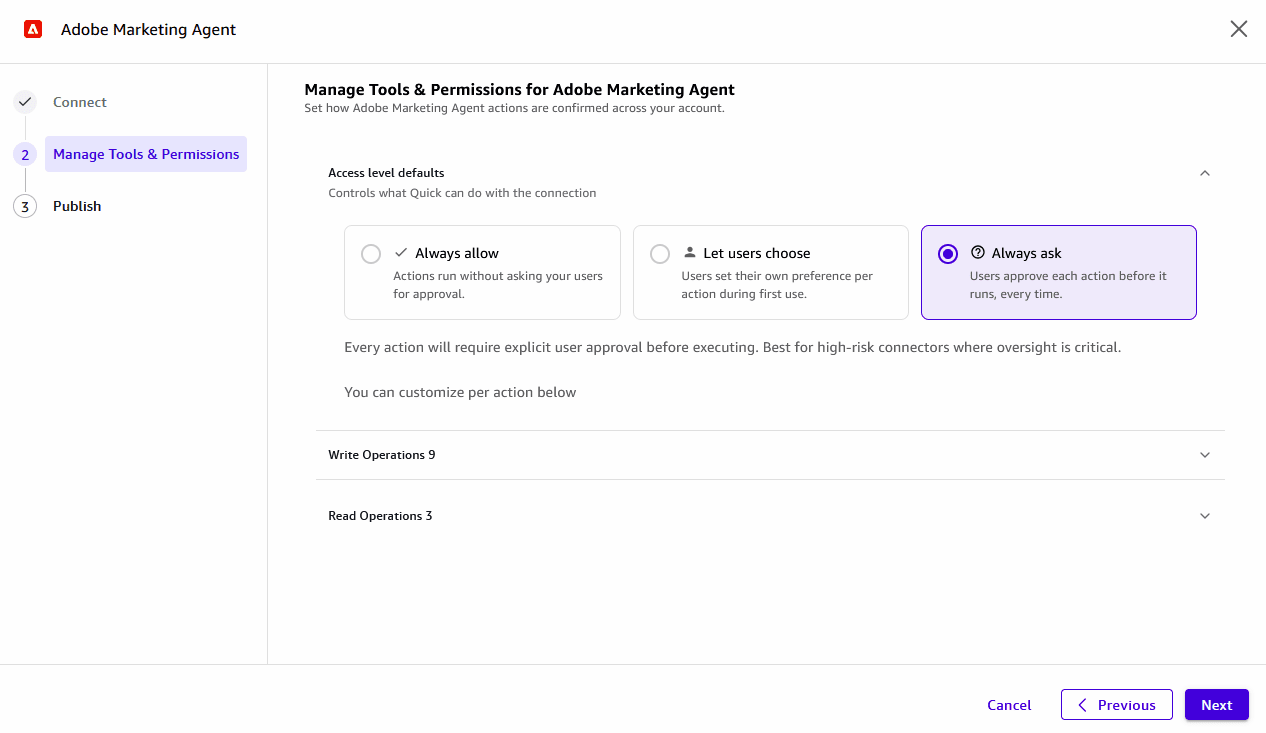 Manage Tools and Permissions page with Read and Write Operations set to Always ask for each Adobe Marketing Agent action