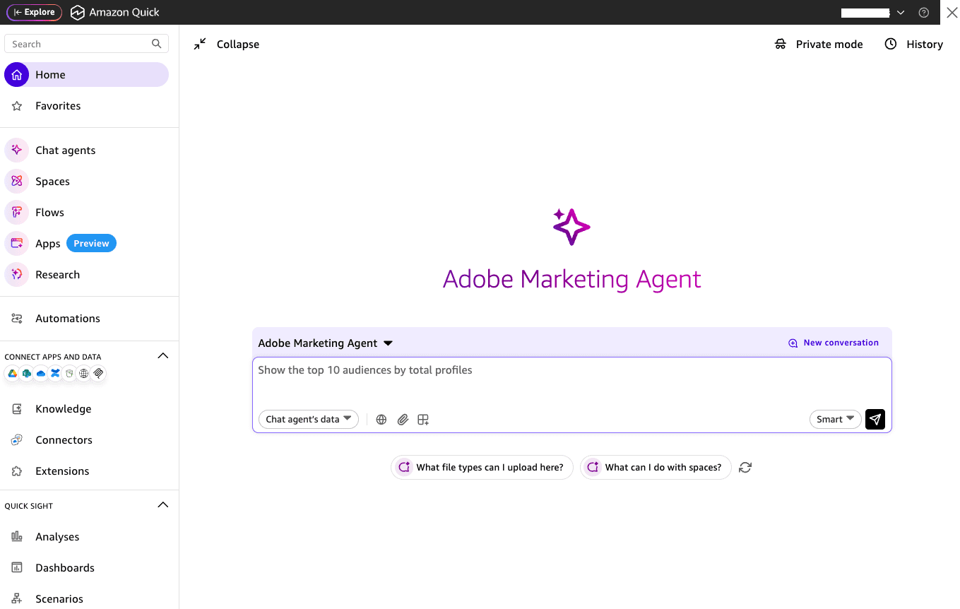 Amazon Quick chat experience with the Adobe Marketing Agent selected from the chat agent menu