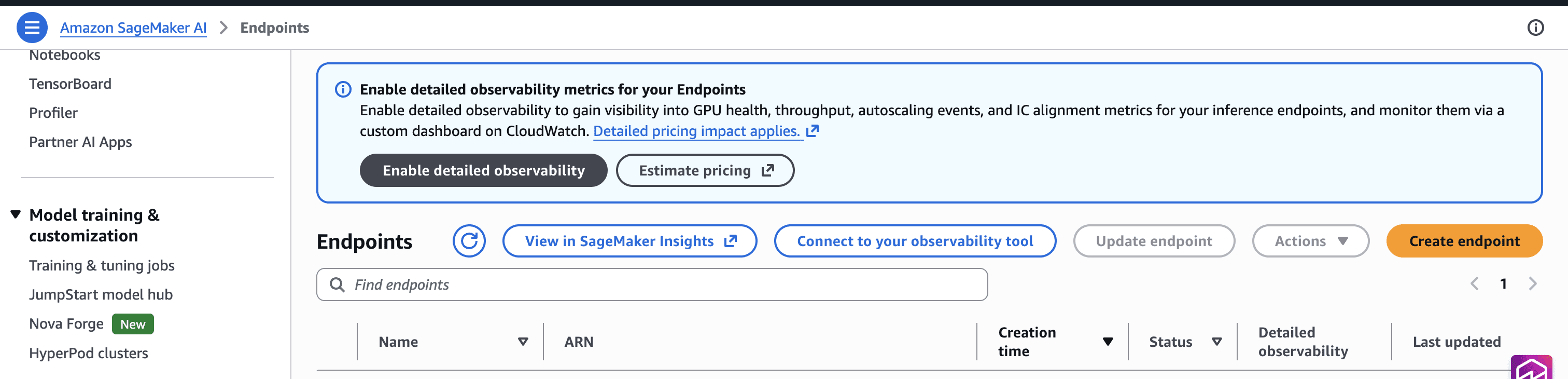 SageMaker console showing the Enable detailed observability option in endpoint configuration