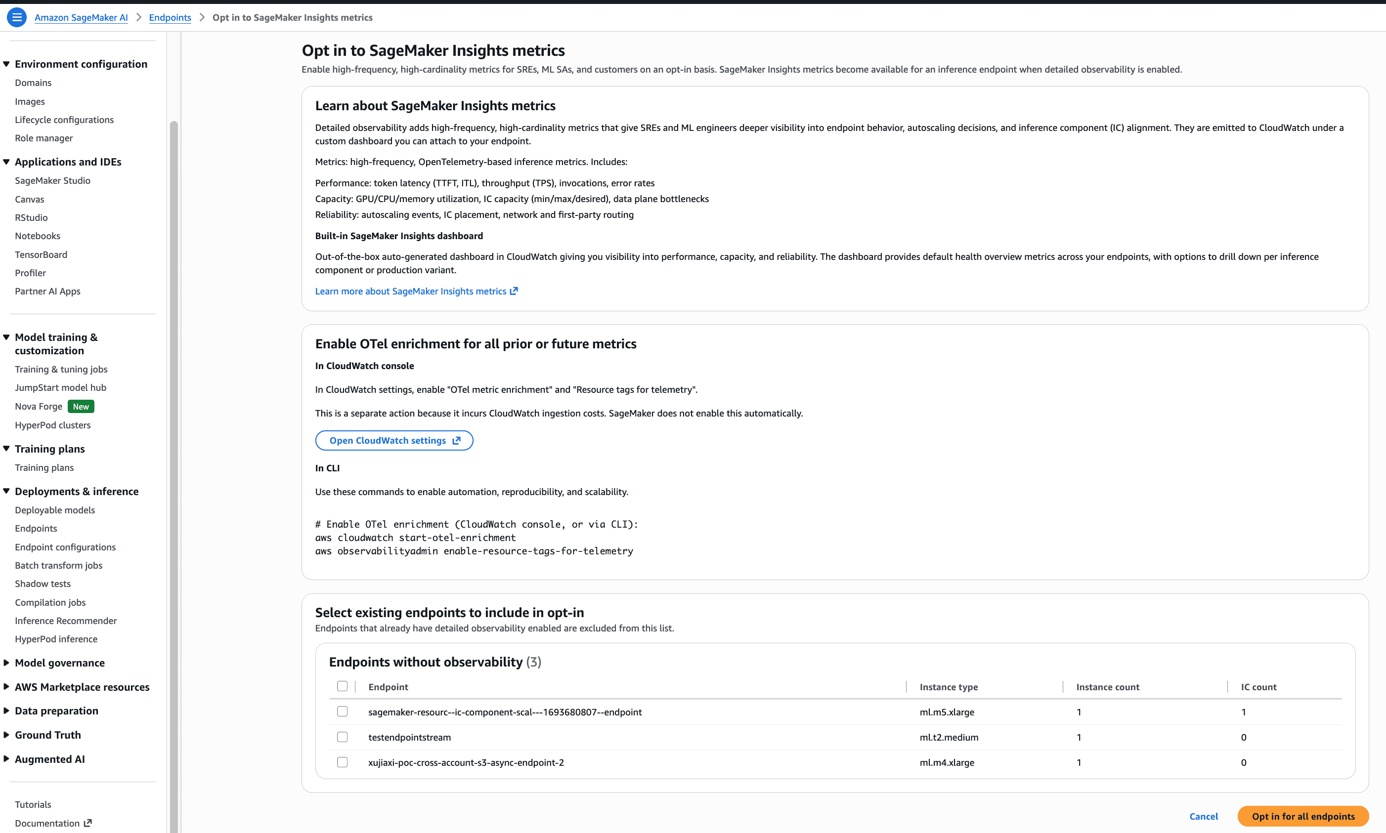 Three-step wizard in the SageMaker console for enabling detailed observability on existing endpoints