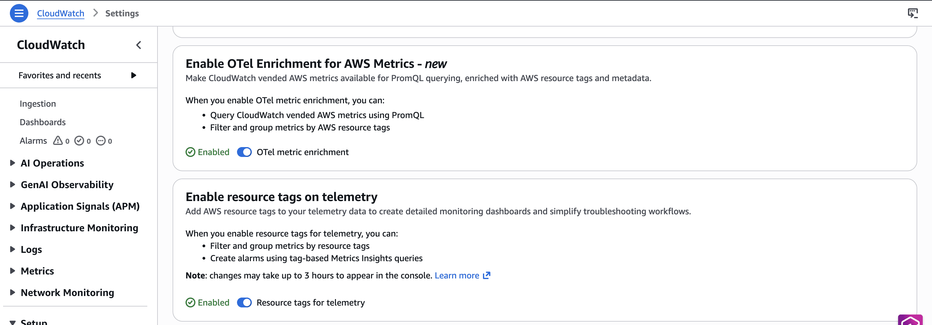 CloudWatch Settings page with OTel metric enrichment and Resource tags for telemetry options selected