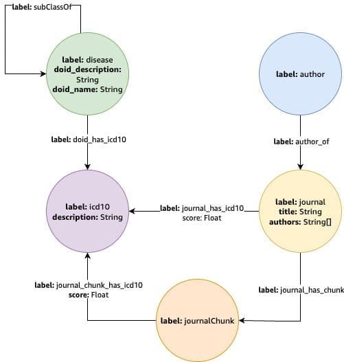 Knowledge graph showing disease, author, journal, journalChunk, and icd10 node types connected by edges