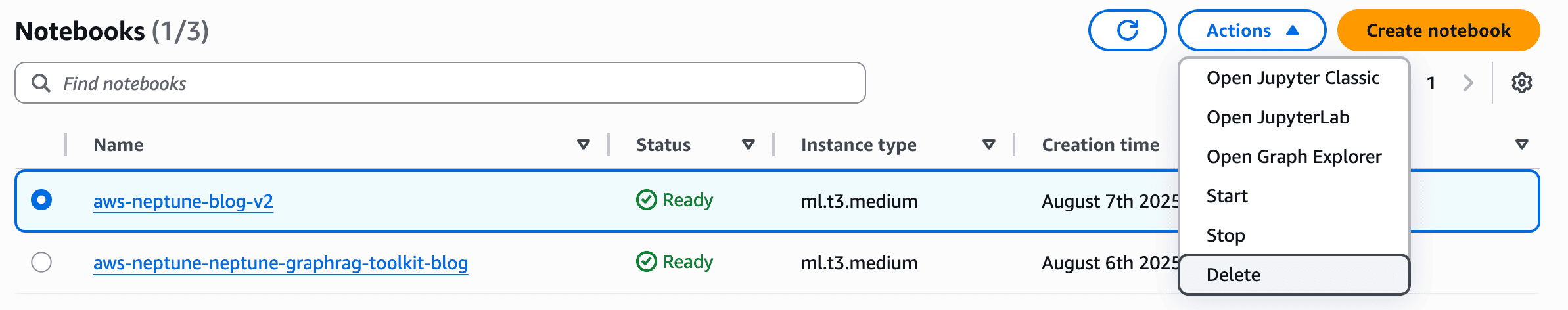 Deleting the Neptune graph notebook from the SageMaker console