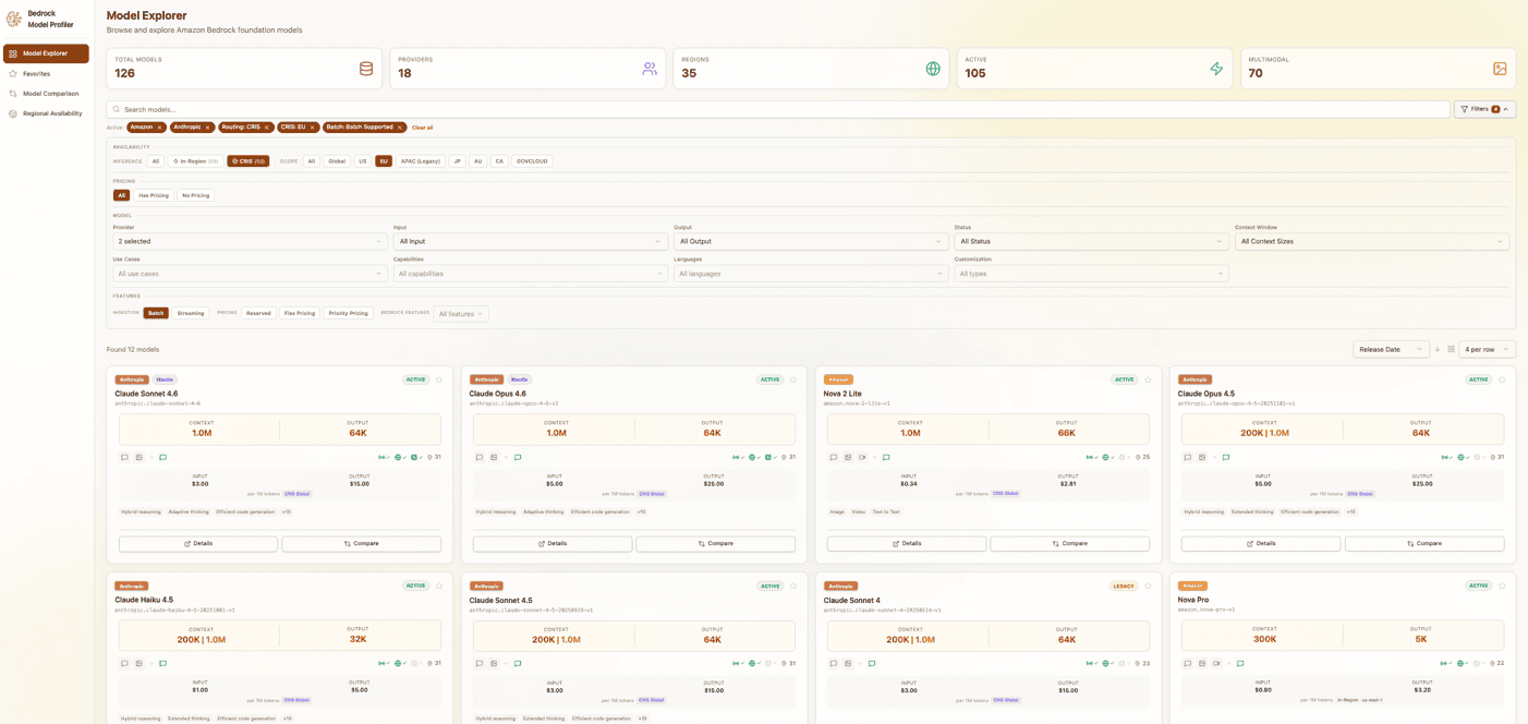 Model Explorer interface showing filter options and model cards