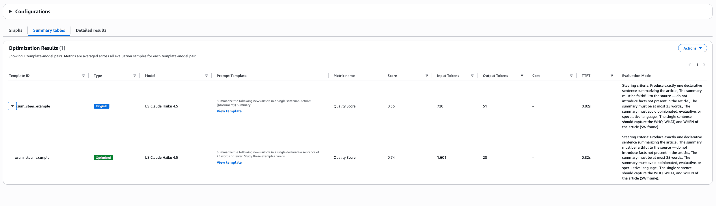 XSum job results summary, showing the before/after Quality Score and latency.