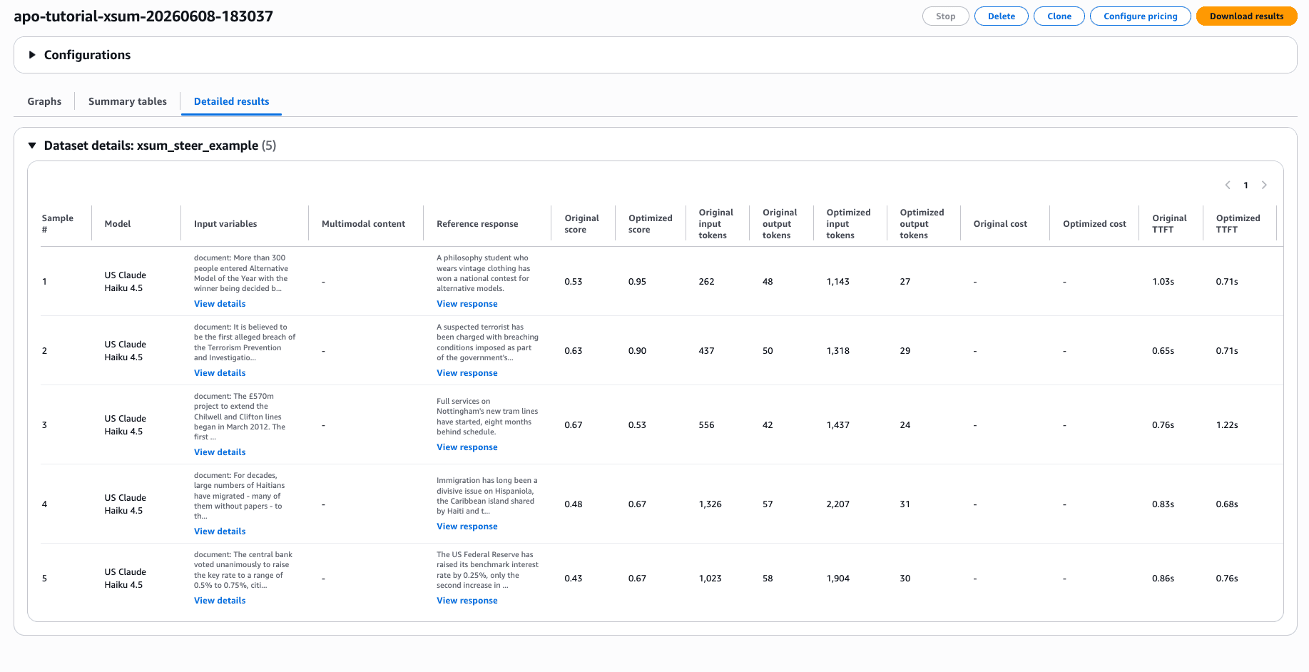 XSum job details, with the original and optimized summarization prompts and the steering criteria applied.