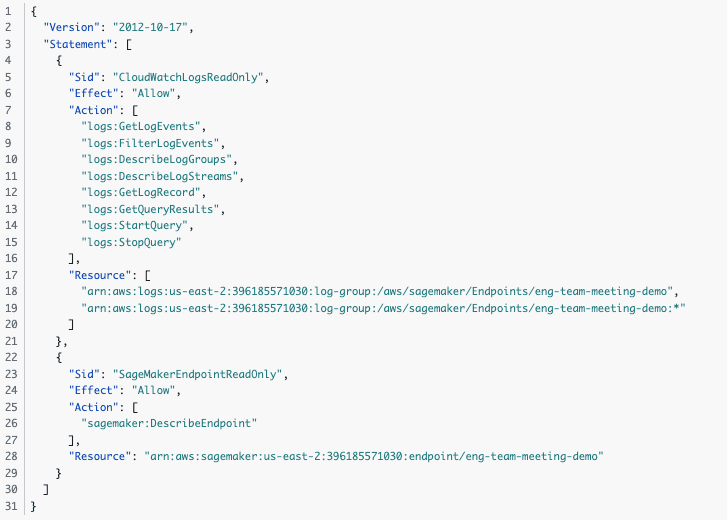 IAM console View JSON view showing the complete, fully scoped delegation policy with explicit resource ARNs