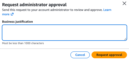 IAM console screen where a reviewer forwards the delegation request with a business justification to an administrator