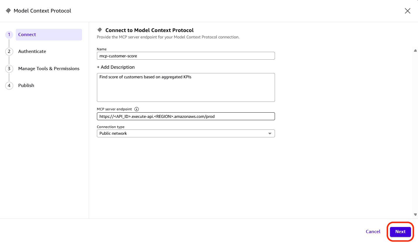 MCP connector form with name, description, endpoint, and public network connection type