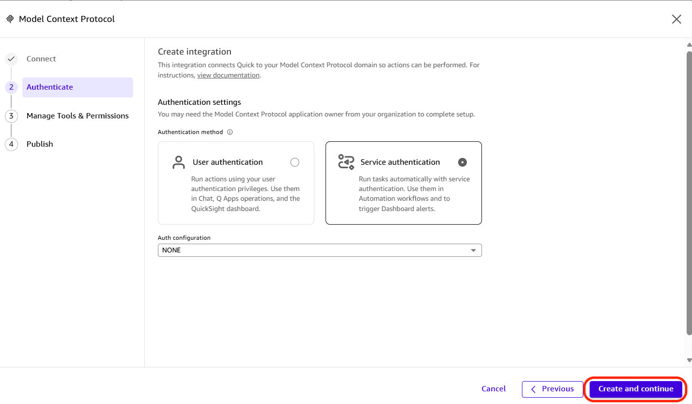 Authenticate step with Service authentication and Auth configuration set to None