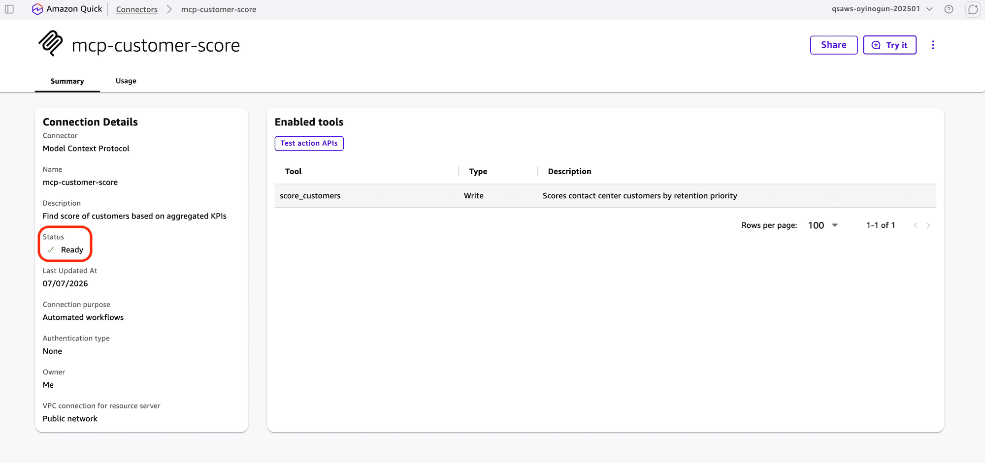 Available connectors list showing the mcp-customer-score connector with Ready status