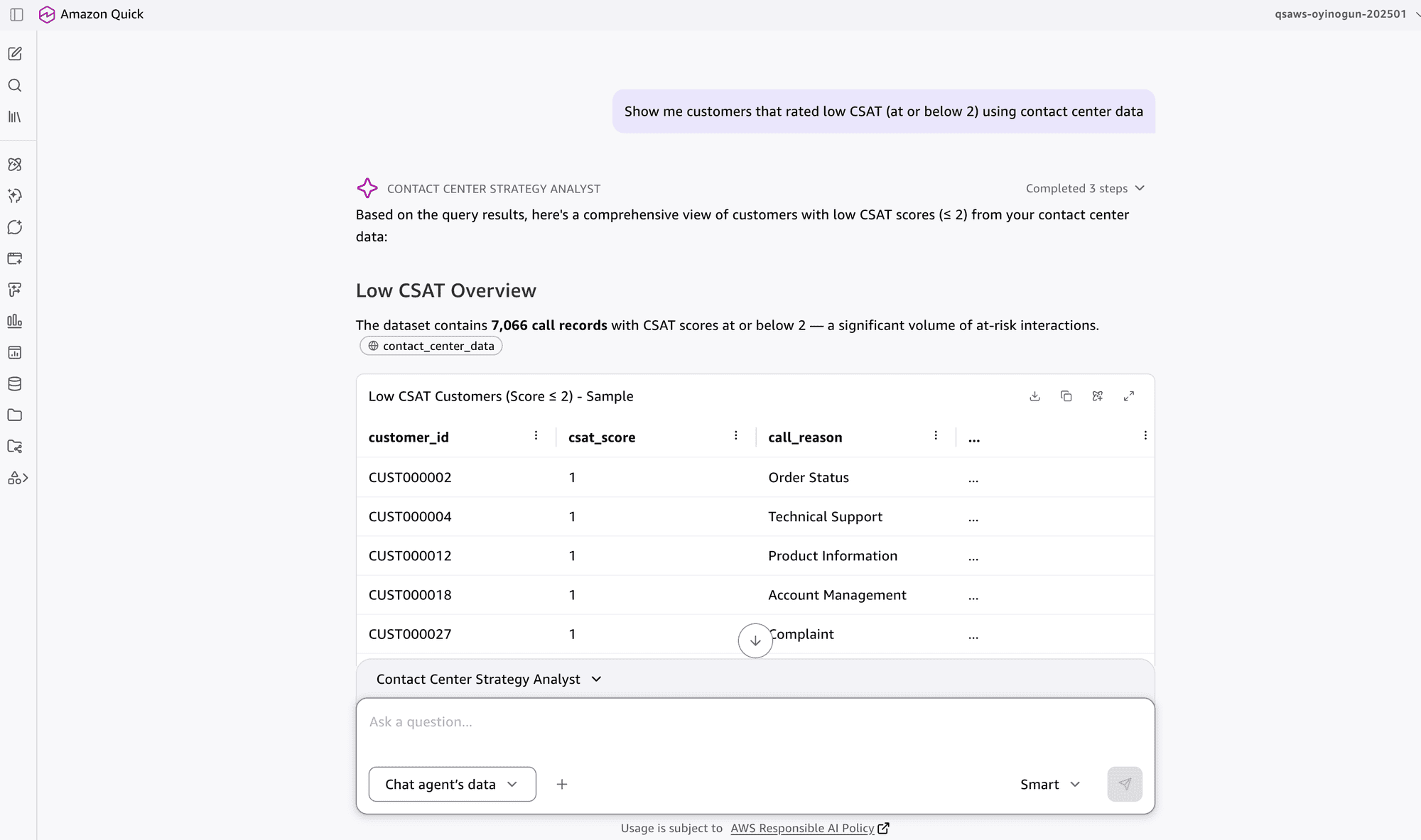 Chat agent returning a JSON array of at-risk customers