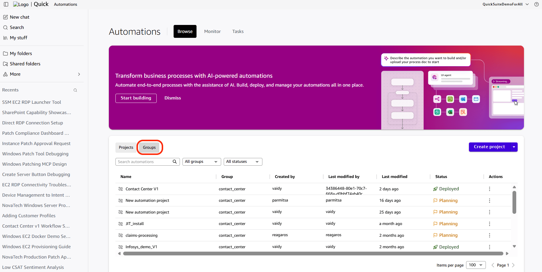 Automations page with the Groups tab selected