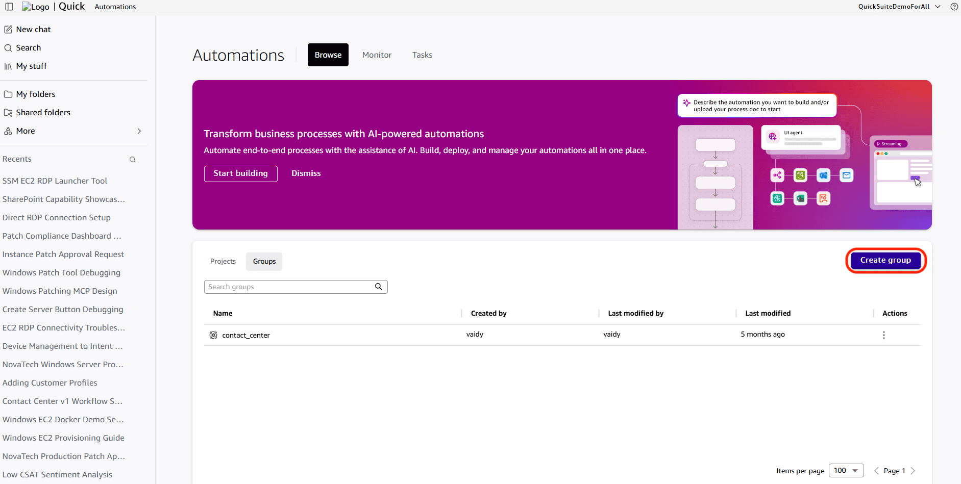 Groups tab with the Create Group option
