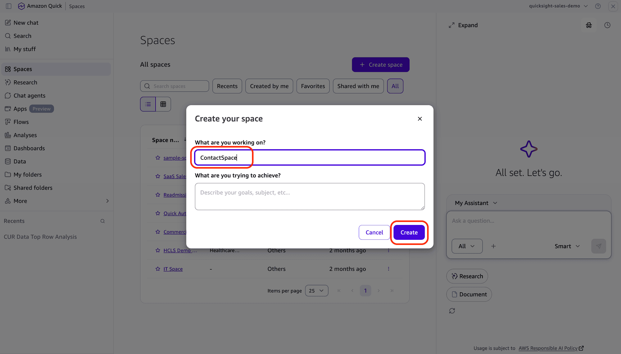 Create space dialog with the space name set to ContactSpace
