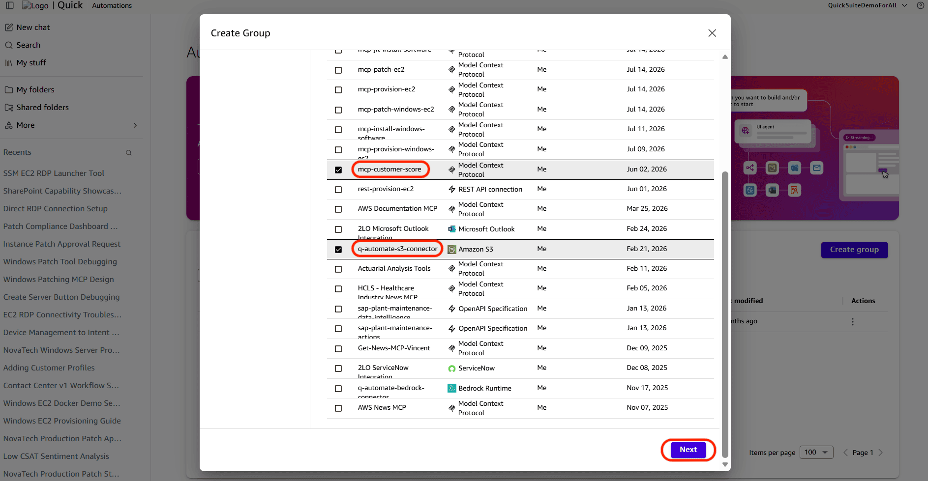 Group action selection with the MCP and Amazon S3 actions chosen