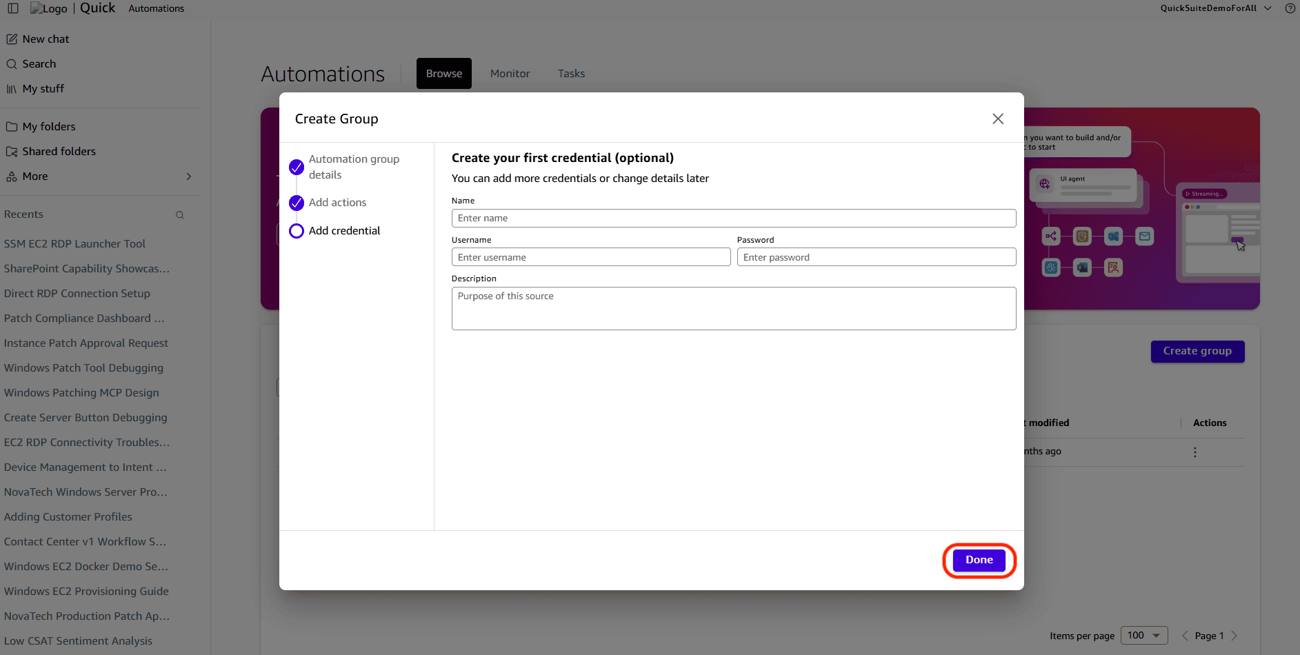 Group creation confirmation with the Done option