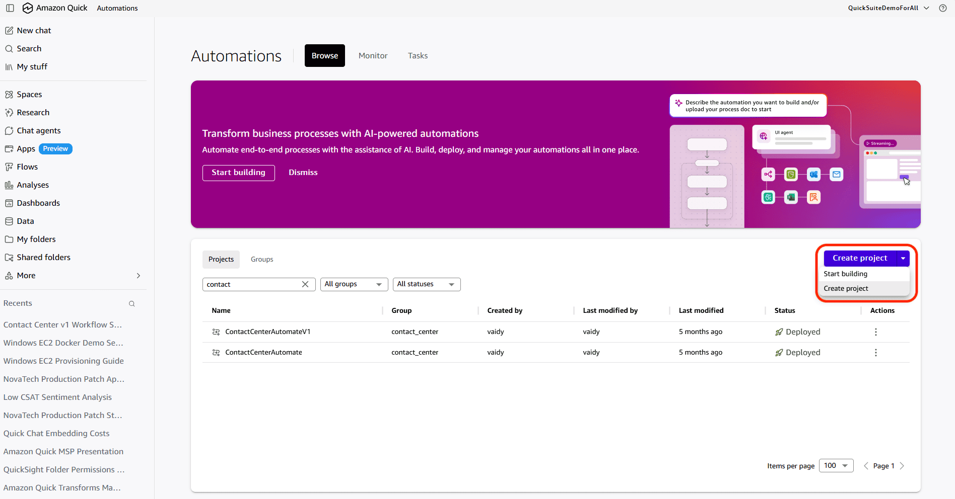 Automations page with the Create Project option
