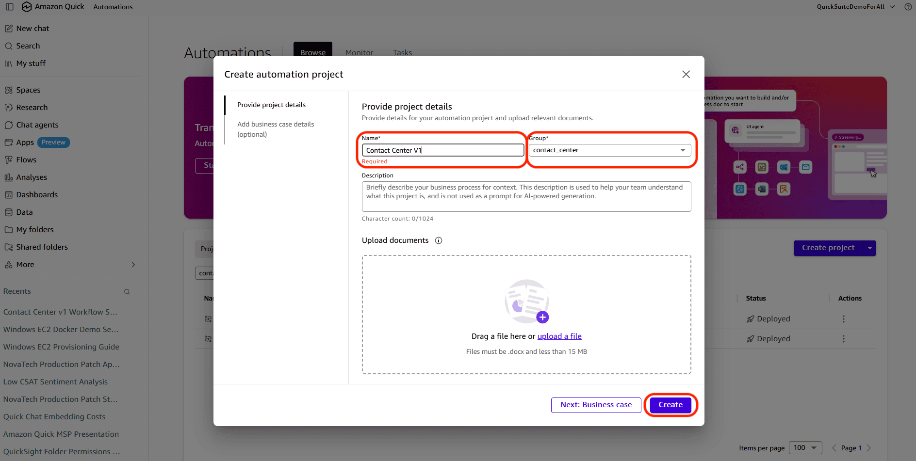 New automation project dialog with a name and automation group selected