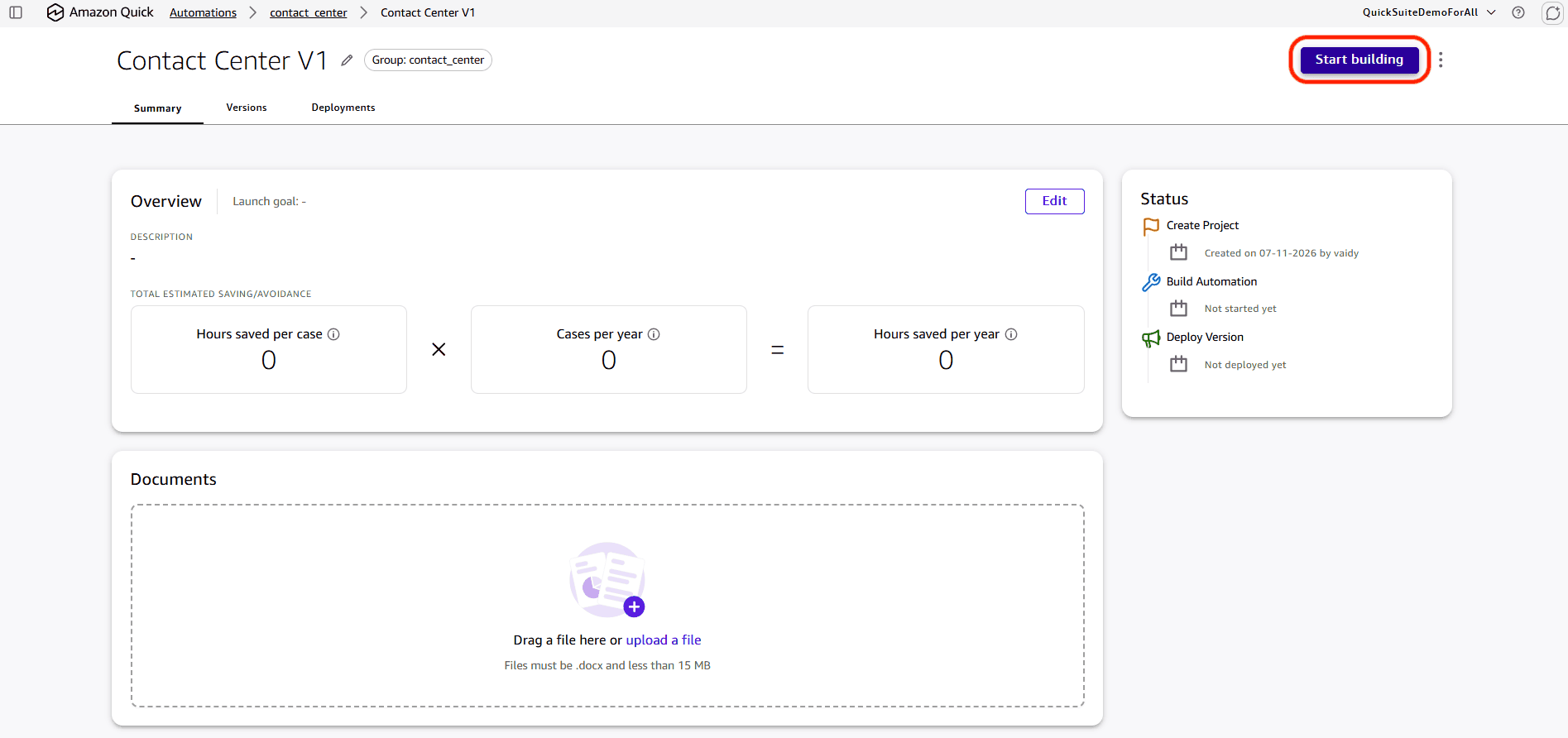 New project screen with the Start building option