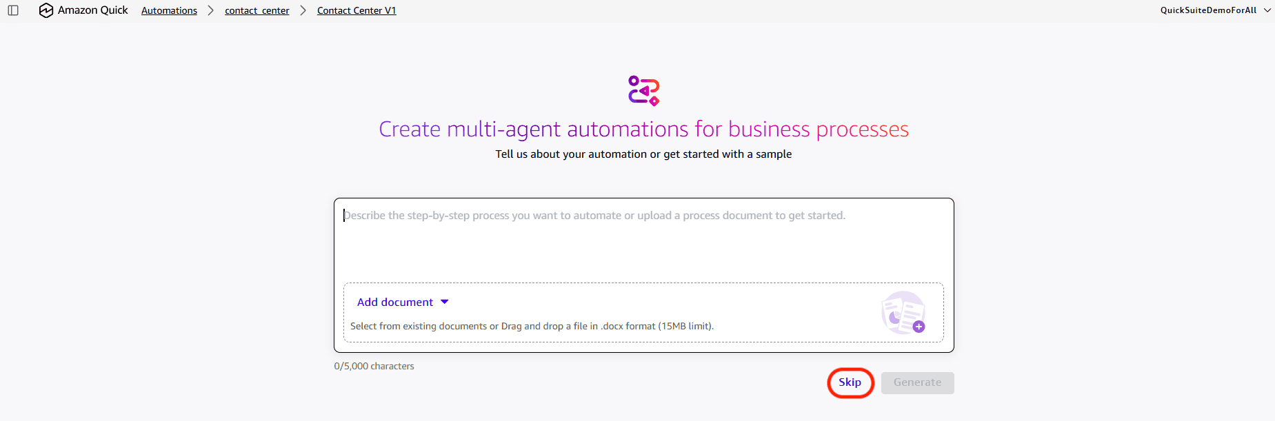 Automation builder prompt with the Skip option