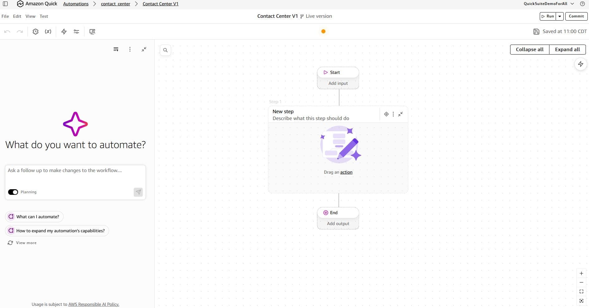 Empty Automate canvas ready for building steps
