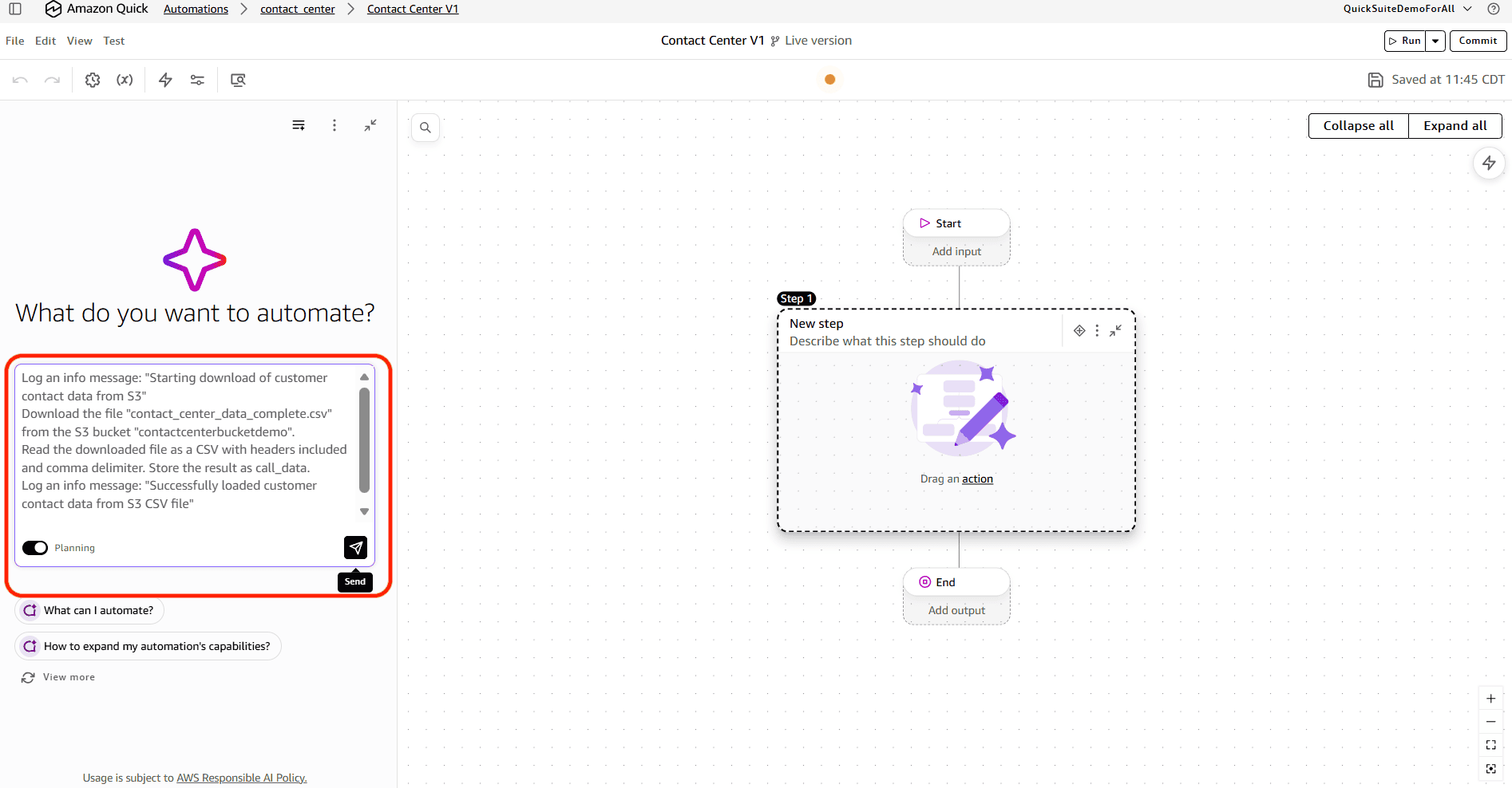 Chat assistant showing the Step 1 instruction to download and read the contact center CSV