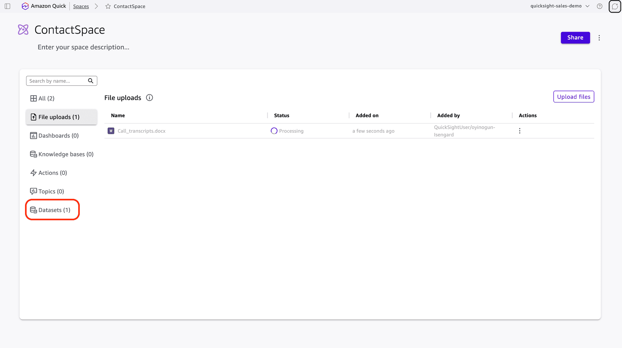 Space configuration screen with the File Uploads option for the transcript file