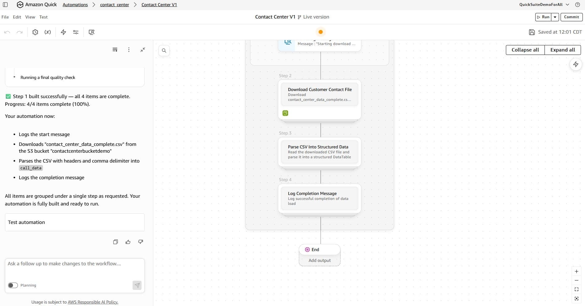 Automate canvas showing the created Step 1